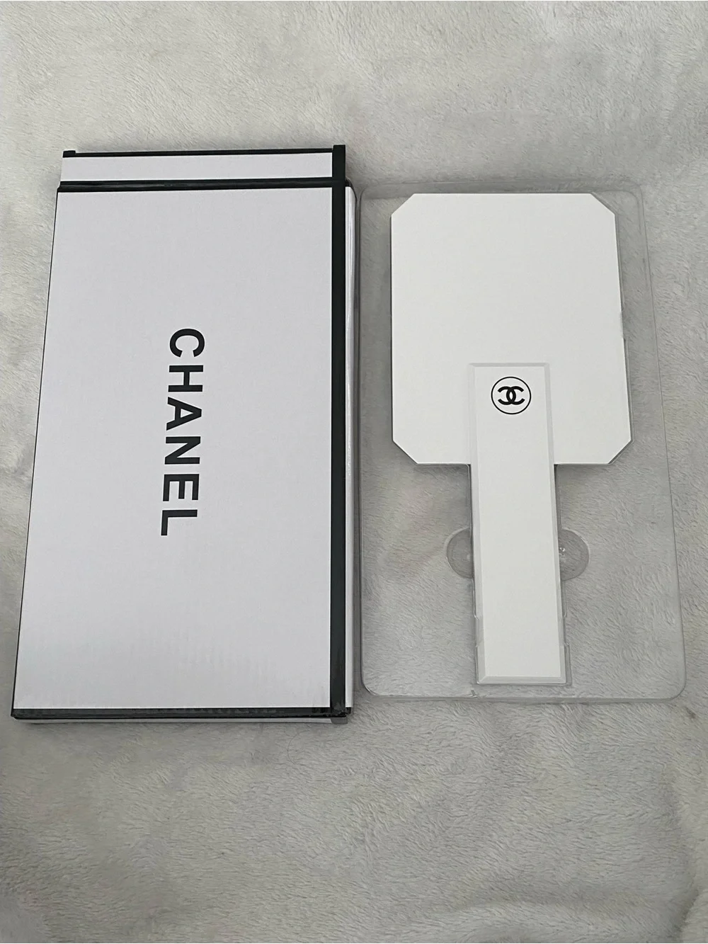 CHANEL White Handheld Mirror with Black Logo Accent